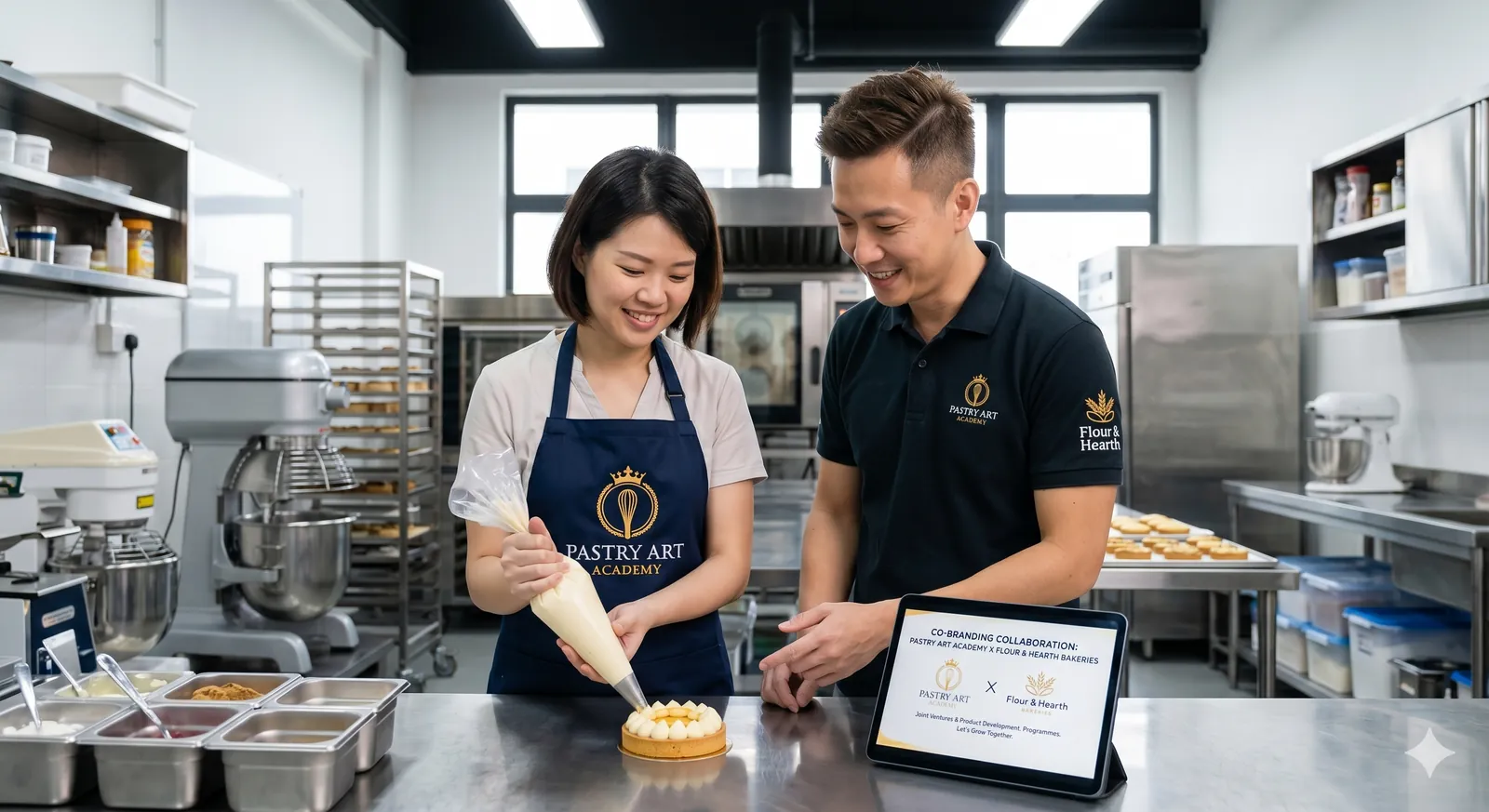 Pastry Art Academy business collaboration with co-branding partners in the kitchen