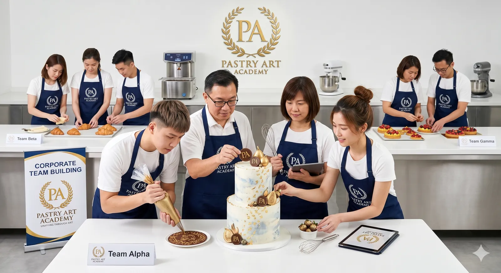 Pastry Art Academy corporate team building session with teams decorating cakes