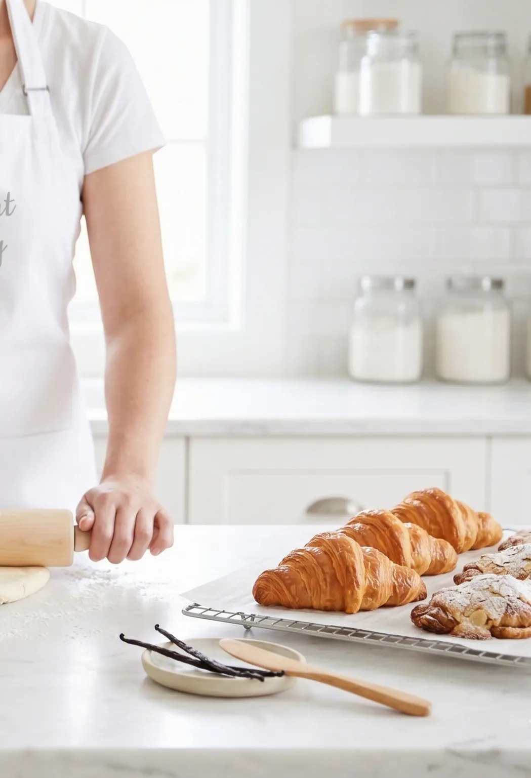 Baker rolling dough in a bright white kitchen
