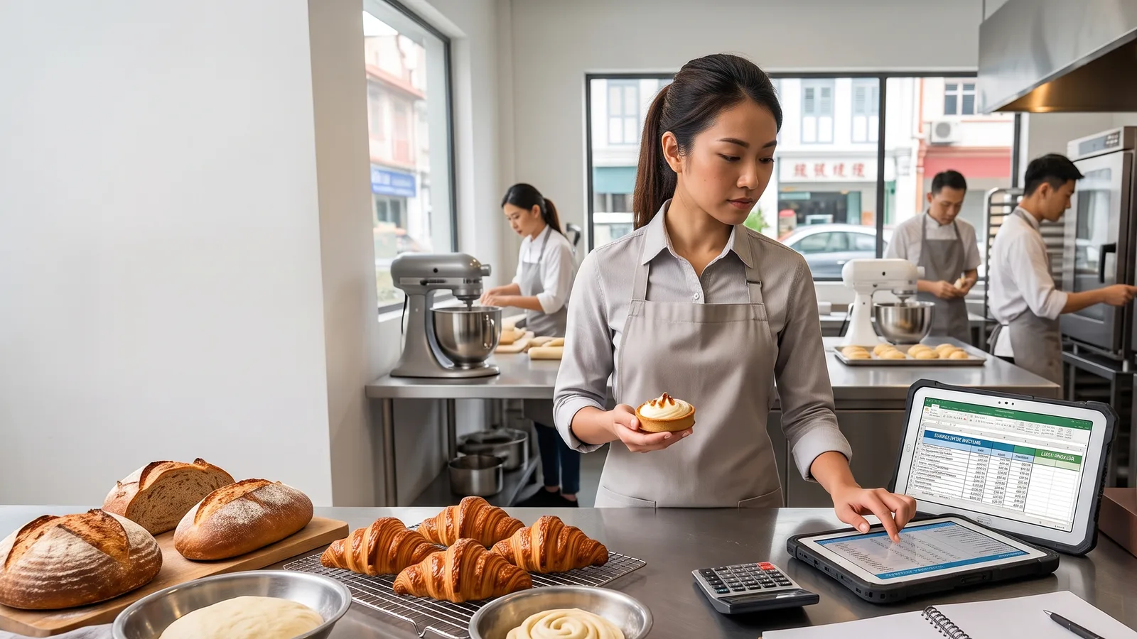 Bakery owner reviewing costing on a tablet spreadsheet beside fresh bread and croissants